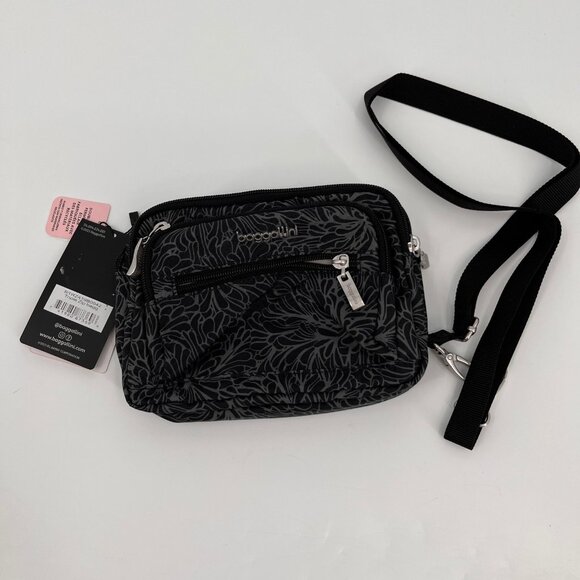 Baggallini Triple Zip Bag Black/Gray Floral Pattern Nylon Crossbody Medium - Picture 1 of 13